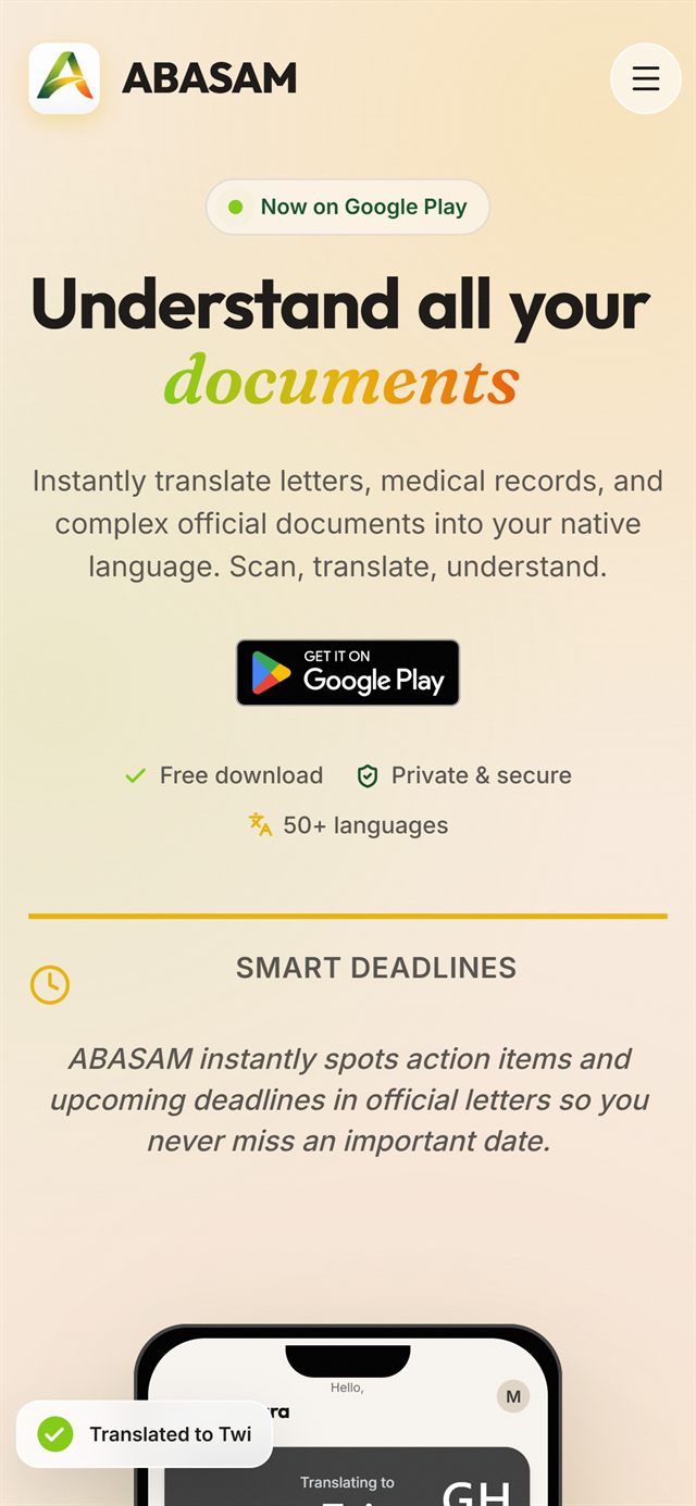 Mobile Ansicht der ABASAM Website