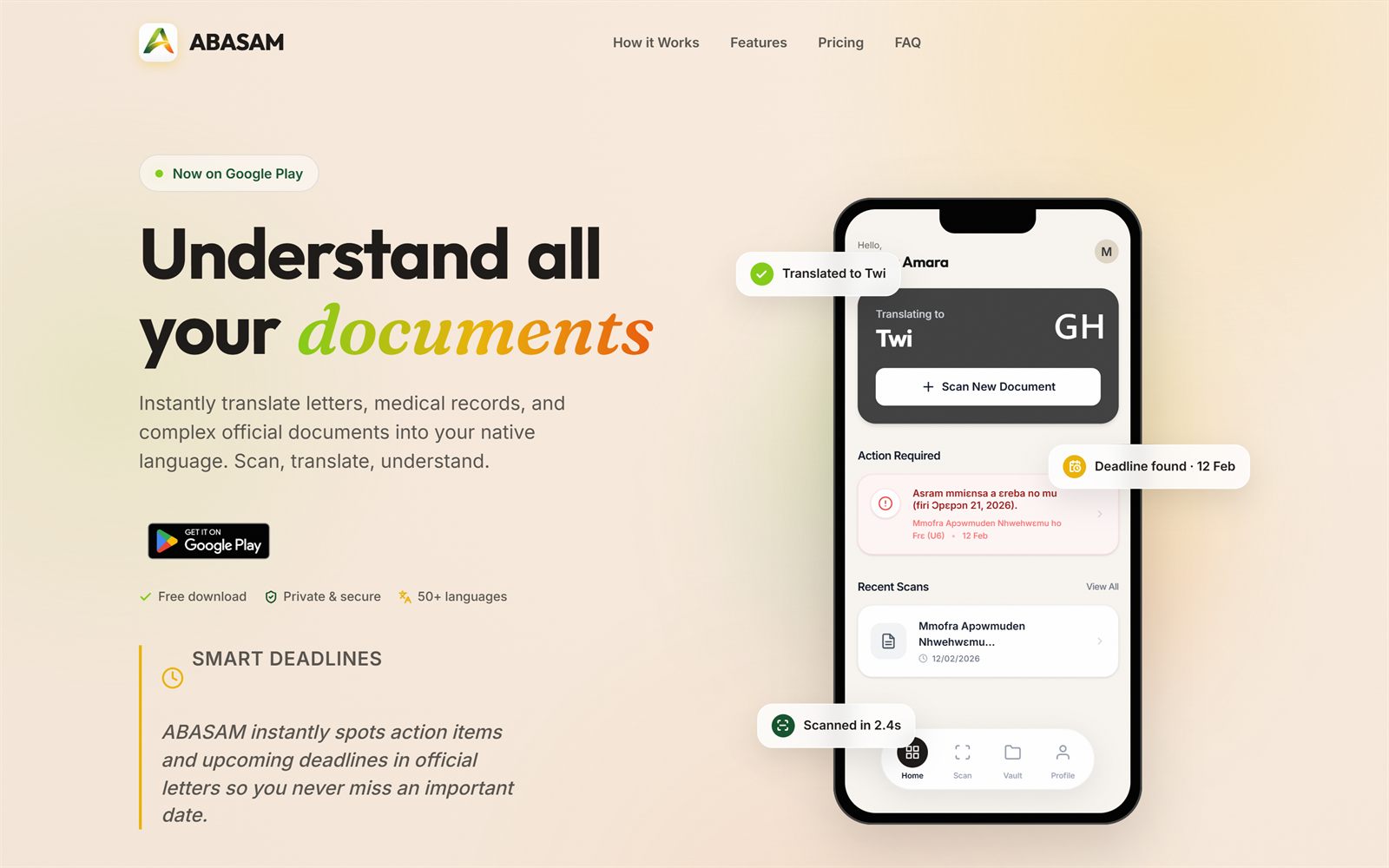 Startseite der ABASAM App – Dokumente scannen und übersetzen