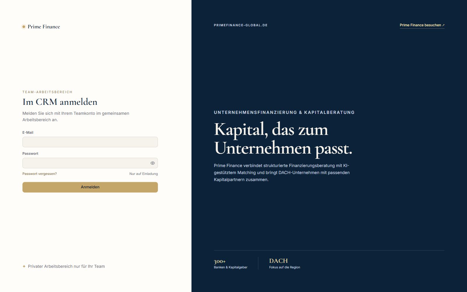 Anmeldeseite des Prime Finance CRM mit geschütztem Team-Arbeitsbereich